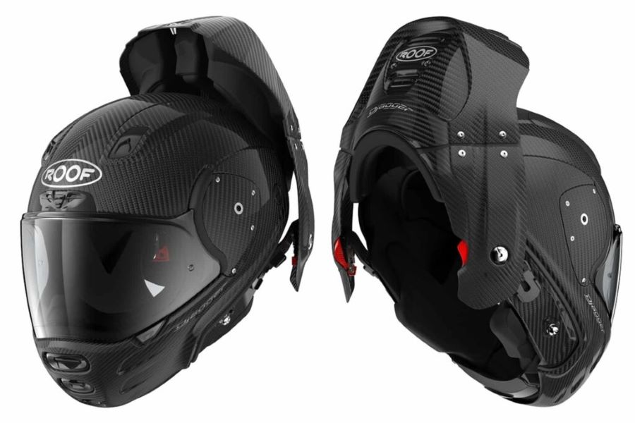 El prototipo de casco Roof Diagger abierto, visto de frente y de atrás