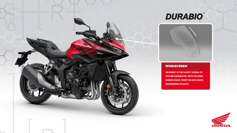Qué es el Durabio, el material biobasado que usa Honda Imagen de una Honda CB1000GT roja con parabrisas de durabio