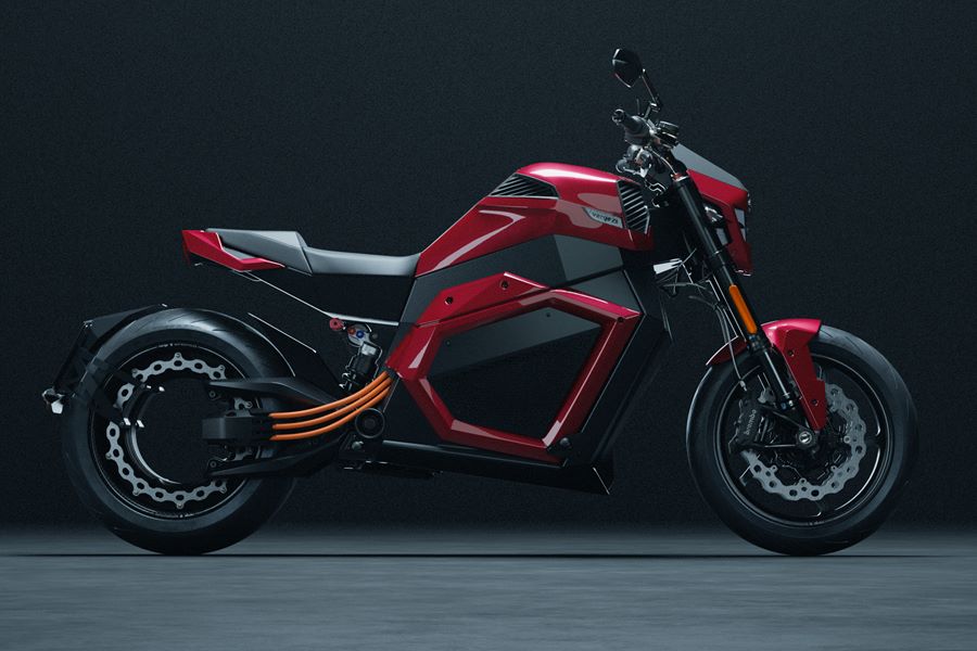 Una moto eléctrica Verge TS Pro 2026 roja vista desde el lateral derecho