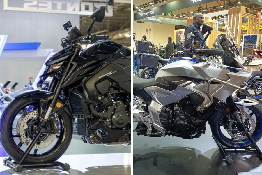 Imagen repartida, media moto Zontes 703R negra y media moto Zontes 703T blanca expuestas en un stand