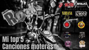 Imagen en la que figura una moto custom y logotipos de grandes grupos musicales