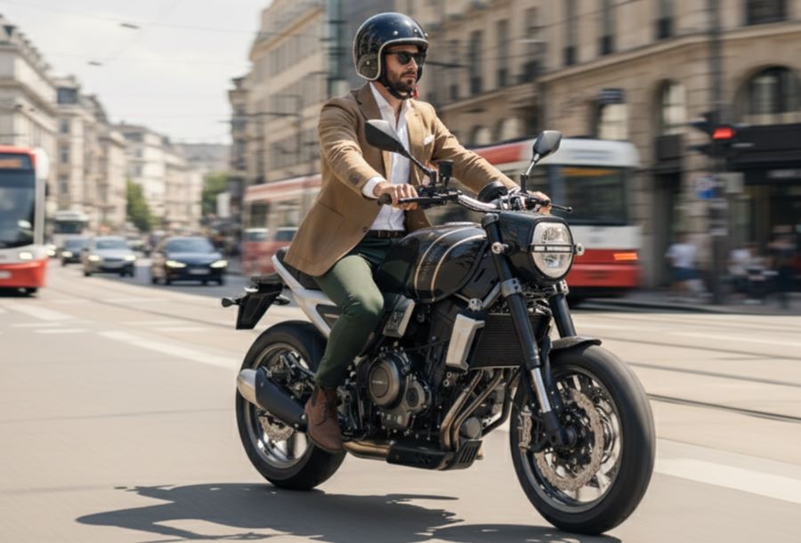 Un piloto, con saco y casco jet, se desplaza sobre una moto Phelon & Moore Brighton 6 Roadster en una típica calle de Londres