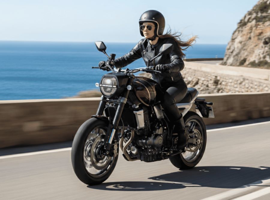 Una mujer se desplaza sobre una moto Phelon & Moore Brighton 6 RDS por una ruta marina