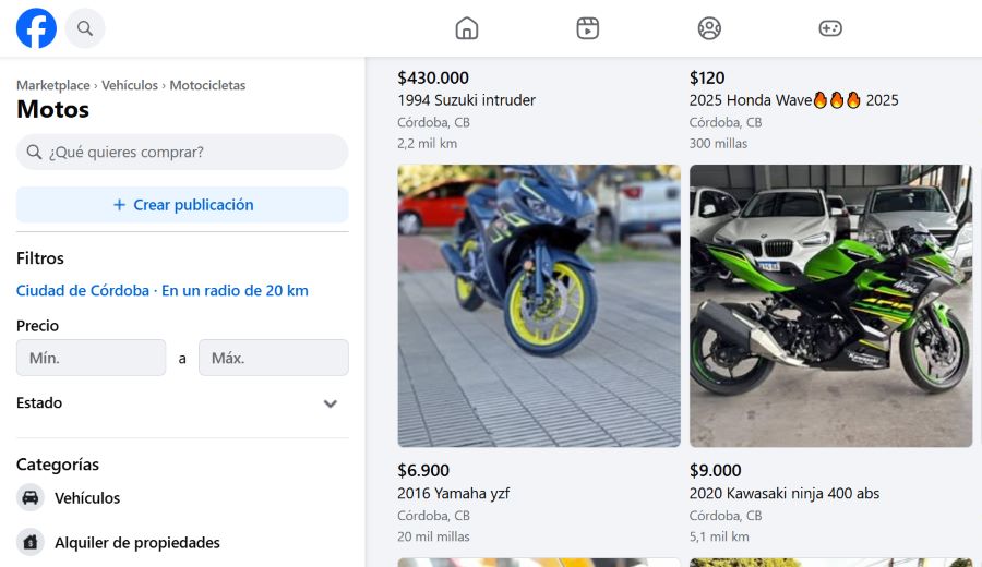 Cómo vender motos por internet: Ventas rápidas y seguras Vista parcial de una página de Marketplace de Facebook