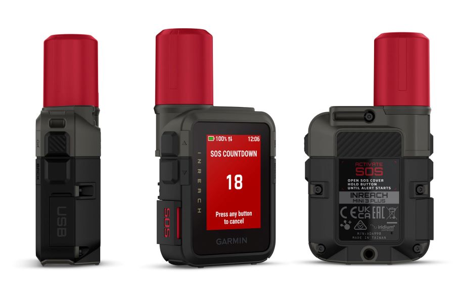 Un aparato Garmin InReach Mini 3 Plus de frente, dorso y perfil