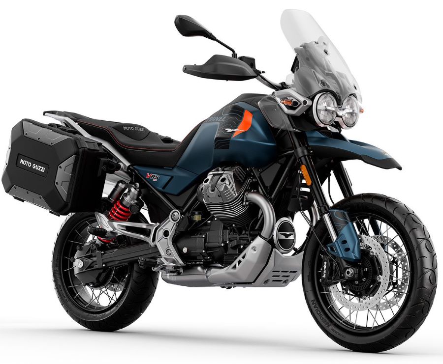 La Moto Guzzi V85 TT revela colores agresivos y audaces Una moto Guzzi V85 TT Travel 2026 azul