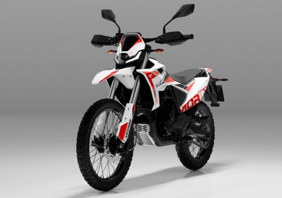 lateral izquierdo en perspectiva delantera de una Moto Morini Kanguro 300 Rally blanca