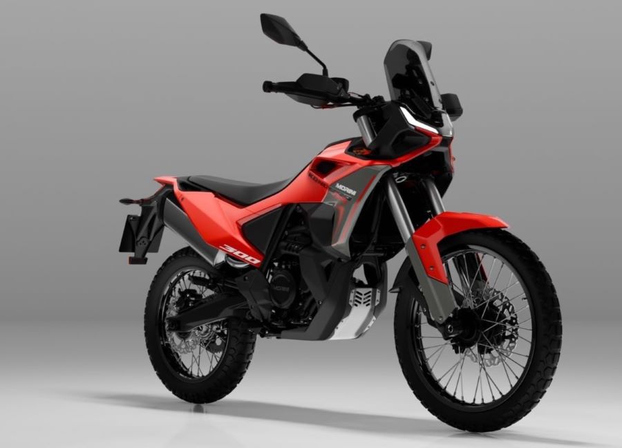 Perfil derecho en perspectiva de una Moto Morini Kanguro 300 Rally roja