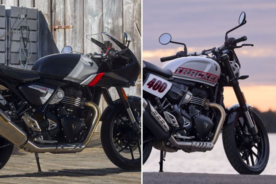 Imagen repartida, con la Triumph thruxton 400 a la izquierda y la Tracker 400 a la derecha
