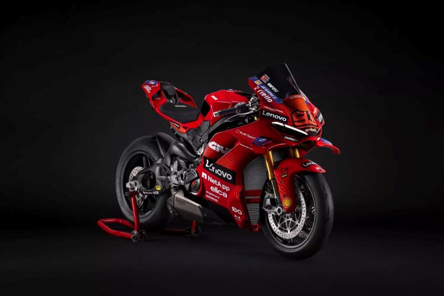 Lateal derecho en perspectiva de una Ducati Panigale V4 Márquez 2025 World Champion Replica
