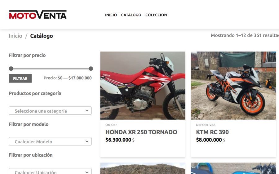 Captura parcial de una página de venta de motos del portal Moto Ventas