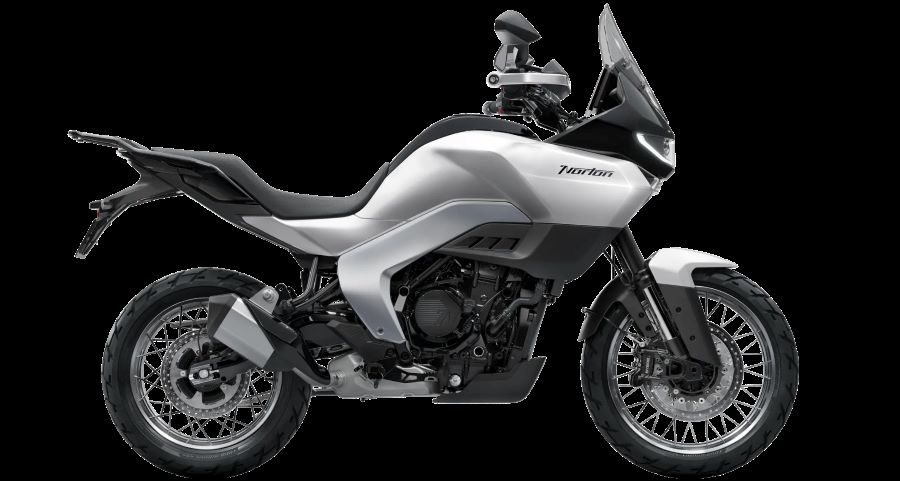 Vista lateral derecha de una moto Norton Atlas blanca