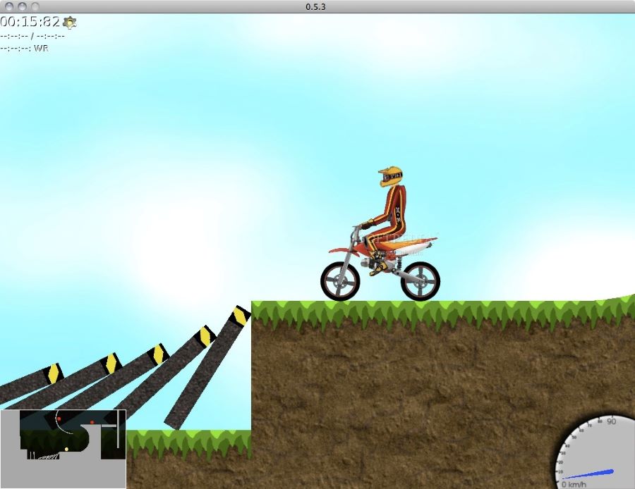 Una secuencia del videojuego X-Moto en la que el corredor se acerca a una serie de postes tumbados