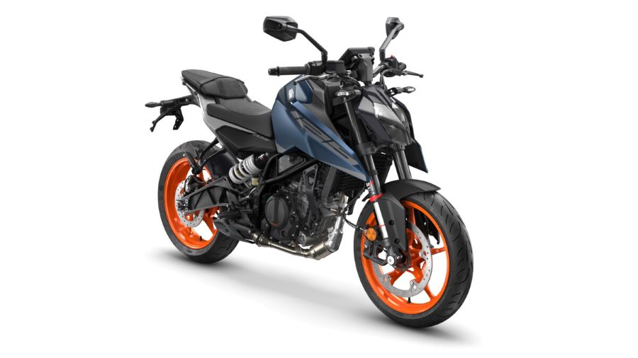 Vista lateral de una moto KTM Duke 125 2026 azul