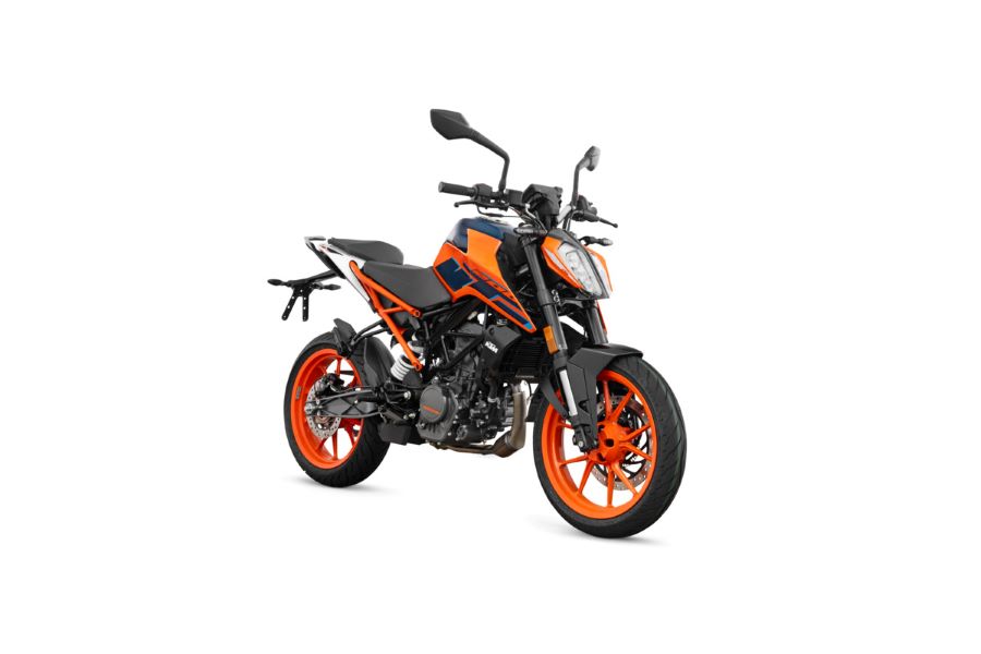 Vista en perspectiva derecha de una moto KTM Duke 200 2026 naranja