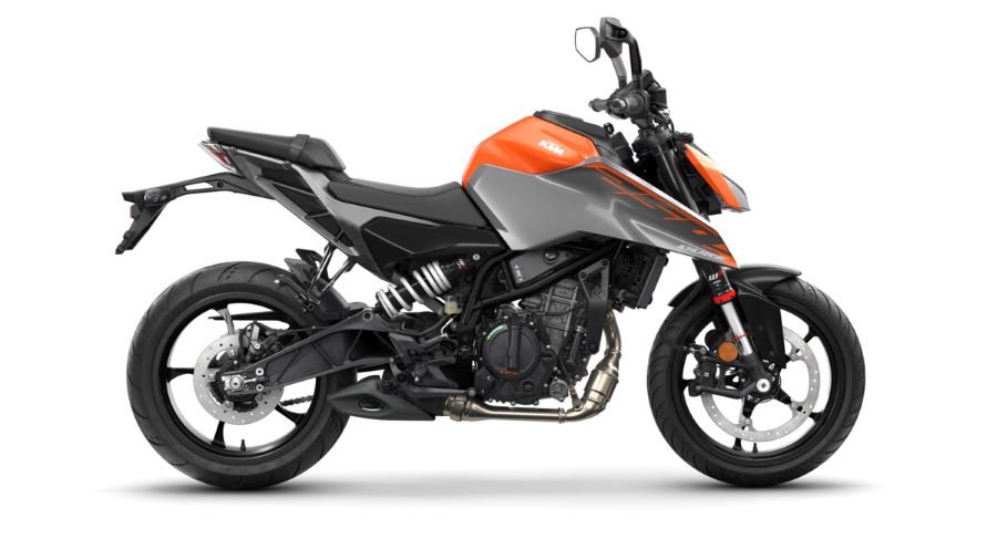Lateral derecho de una moto KTM Duke 250 naranja y gris