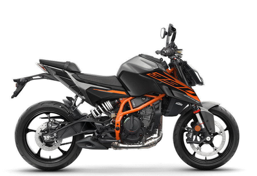 Lateral derecho de una KTM 390 Duke 2025 negra y naranja