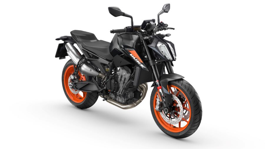Lateral en perspectiva de una KTM 790 Duke 2026 negra y naranja