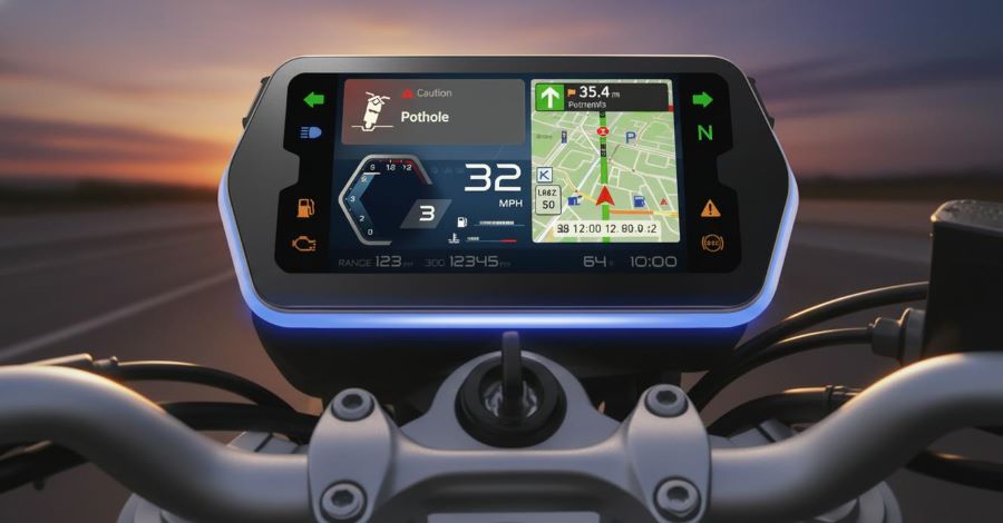 Un render de una pantalla que muestra la UX Pioneer Ride Connect