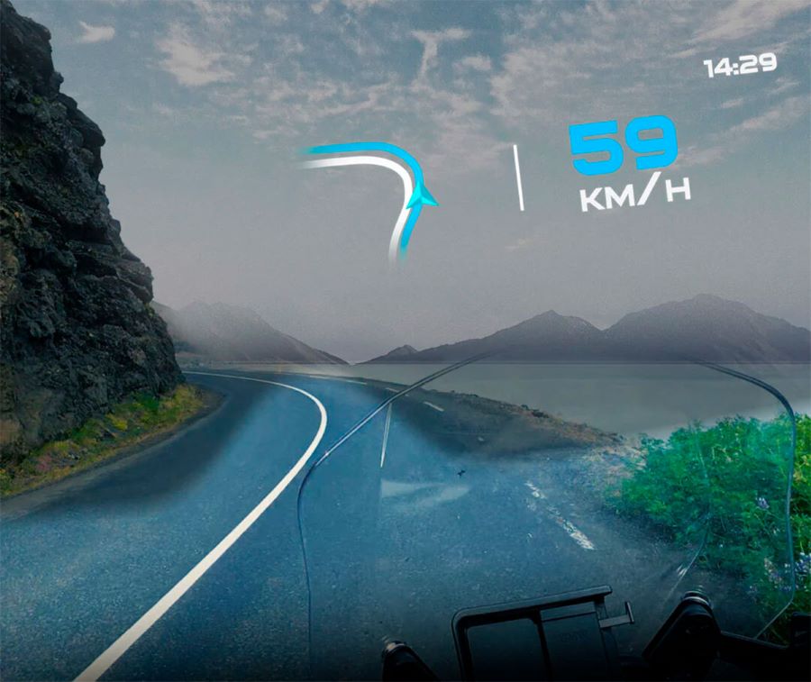 Render de cómo ve un usuario del casco Shoei GT-Air 3 Smart la información proyectada