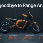 Verge rompe el techo eléctrico: batería sólida y 600 km reales Una moto Verge TS Pro naranja con cuatro cifras de su rendimiento en la parte de abajo