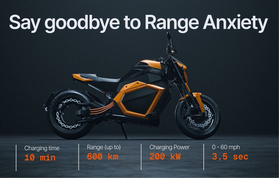 Una moto Verge TS Pro naranja con cuatro cifras de su rendimiento en la parte de abajo