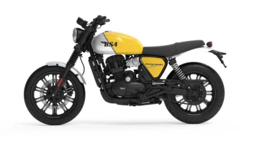 Lateral izquierdo de una moto BSA Bantam 350 amarilla