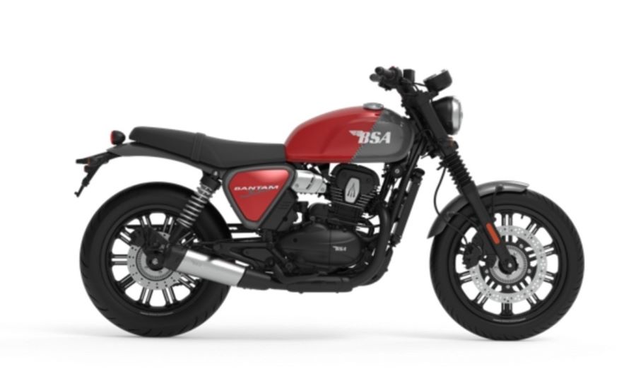 Lateral derecho de una moto BSA Bantam 350 roja