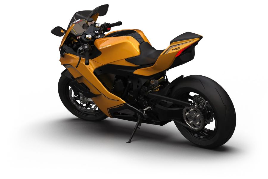 Damon: entre la promesa eléctrica y la incertidumbre industrial Vista en perspectiva superior trasera de una Damon Hypersport amarilla