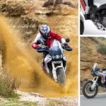 Un tríptico de iagens muestra a la ducet DesertX 2026 en acción en tierra y ruta, además de un primer plao del nuevo motor V2