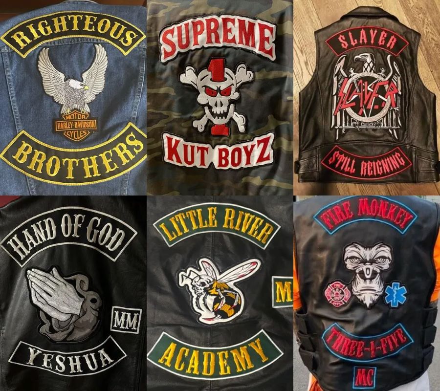 Nombres para club de motos: ejemplos para inspirarse Séxtuple que muestra espaldas de camperas con nombres de clubes moteros