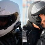 Imagen dividad en dos partes con un casco integral a la izquierda y uno modular a la derecha