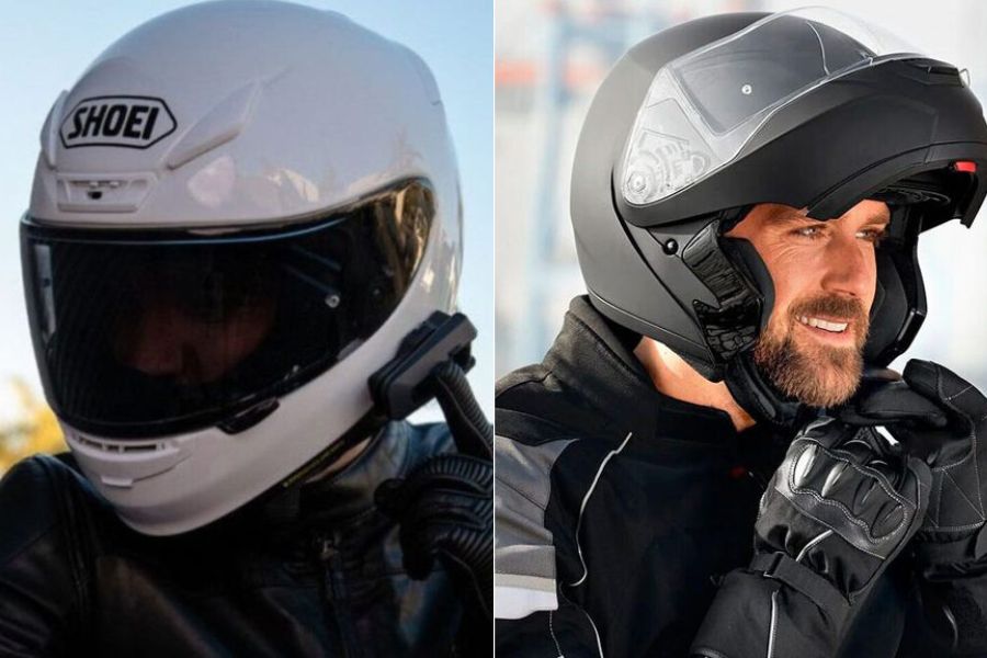 Imagen dividad en dos partes con un casco integral a la izquierda y uno modular a la derecha