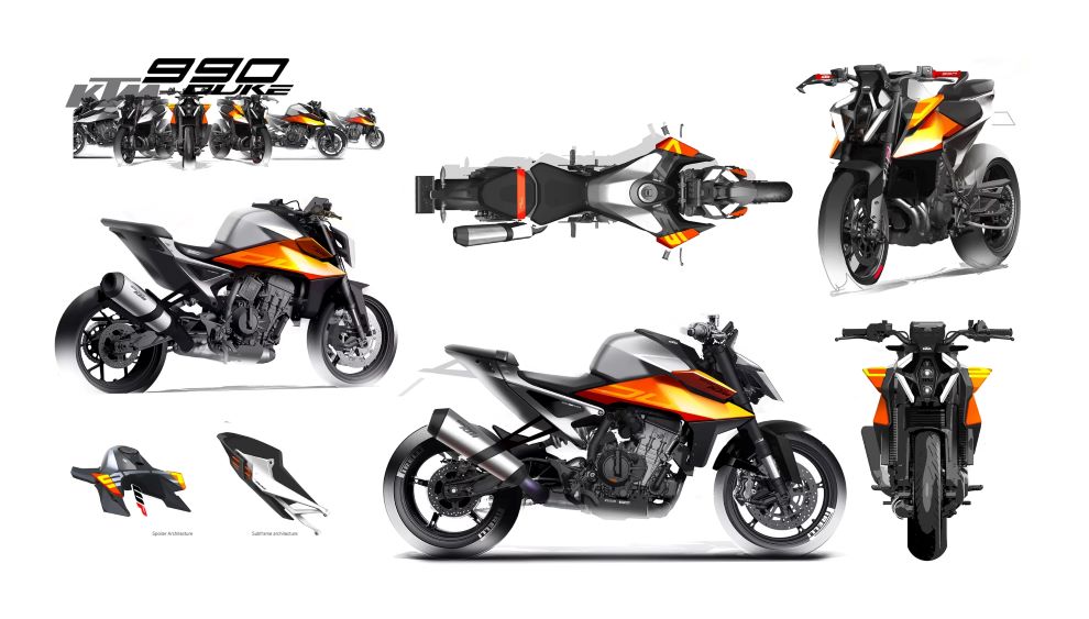 Un croquis realizado por Kiska Design muestra el desarrollo estético de una moto KTM 990 Duke 