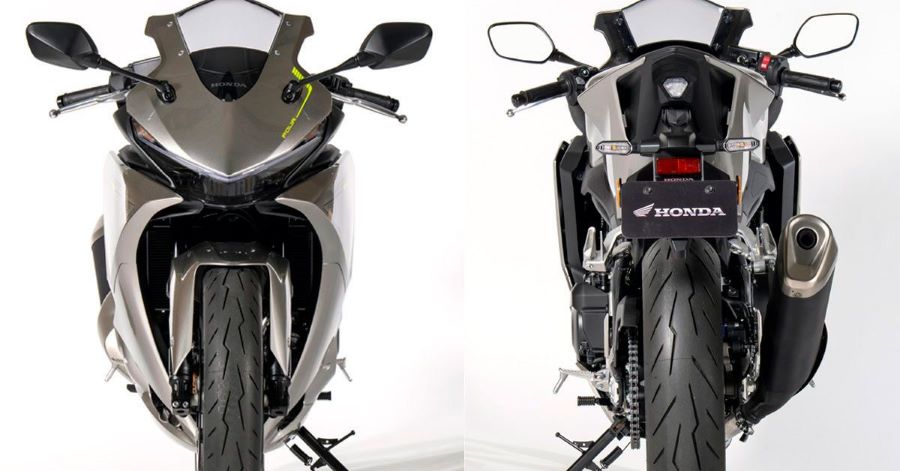 Dos motos Honda CBR400R FOUR vista de frente y de atrás, respectivamente