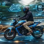 Imagen de una moto Matter Aera en acción rodeada de datos aportados por IA