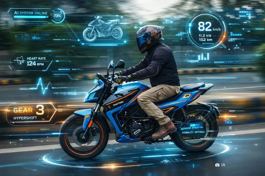 Imagen de una moto Matter Aera en acción rodeada de datos aportados por IA