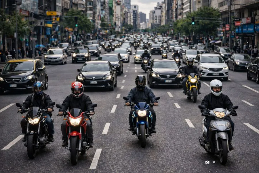 Un grupo de cuatro motociclistas encabezan la caravana de una transitada arteria de una ciudad