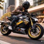 La TVS eFX 30 no es futurista, es profundamente real Una imagen creada con IA en la que se ve el prototipo TVS eFX30 circulando por una ciudad