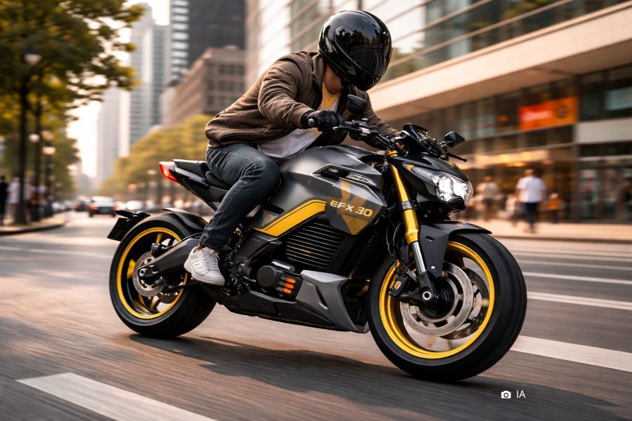 Una imagen creada con IA en la que se ve el prototipo TVS eFX30 circulando por una ciudad
