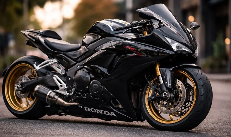 Una moto deportiva Honda negra luce ostensiblemente bajada