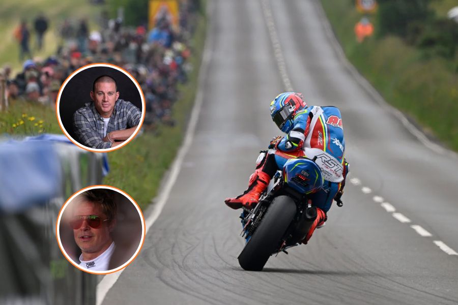 un competidor del TT Isla de Man gira la cabez en plena recta. En círculos, Channing Tatum y Brad Pitt.