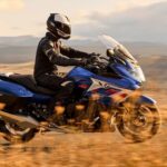 Moto 6 cilindros BMW | Modelos, características y conveniencia Una moto K1600 GT azul pasa delante de una maleza otoñal en una ruta
