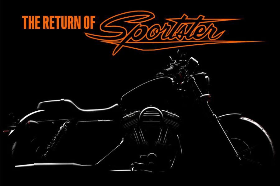 Imagen en negro y naranja con la silueta de la que podría ser la futura Sportster 883 2027 de Harley-Davidson