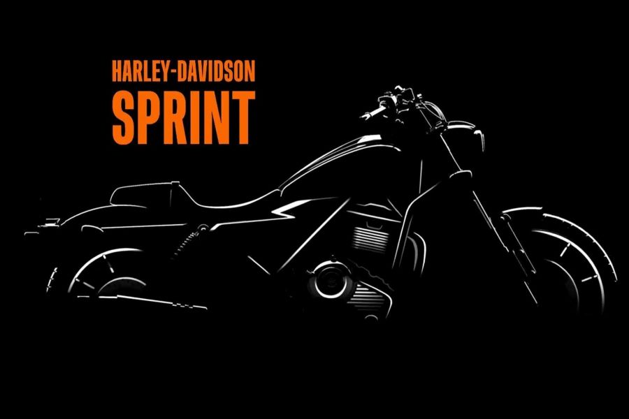 Imagen en negro y naranja con la silueta de la que podría ser la futura Harley-Davidson Sprint 2027