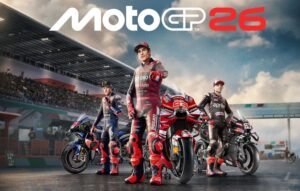 Marc Marquez en primer plano apunta con el dedo al lado de su moto en la portada del videojuego motoGP 2026