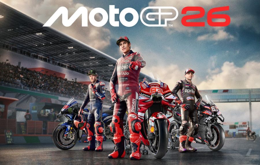 Marc Marquez en primer plano apunta con el dedo al lado de su moto en la portada del videojuego motoGP 2026