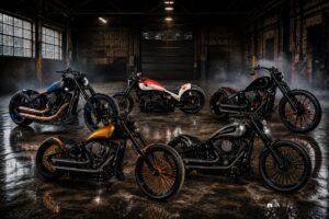 Imagen creada con IA de 5 modelos de harley Breakout de Bundnerbike