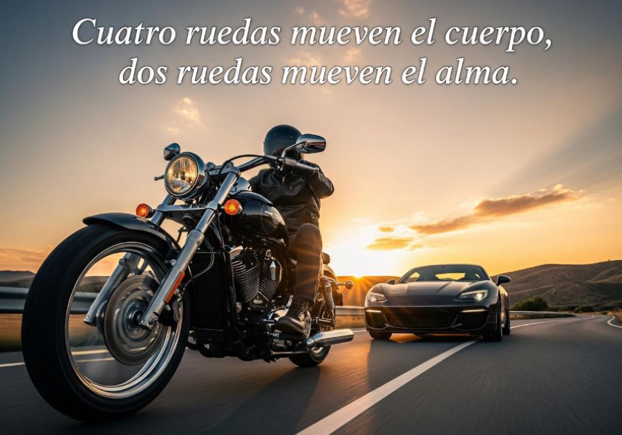 Un motociclista rueda adelante de una automóvil deportivo por una carretera al atardecer