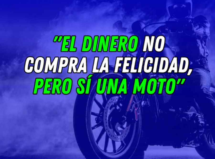 Una imagen de una silueta de una moto sobre fondo azul y una frase motera sobreimpresa